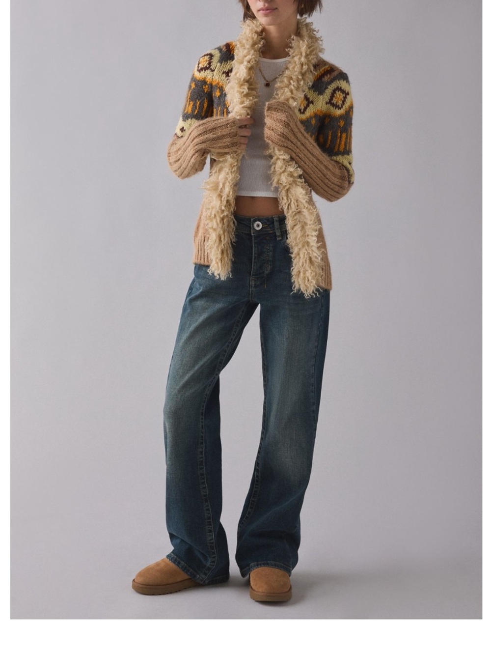 🟤NWT BDG Penny Patterned Knit Faux Fur Trim Cardigan in Mocha/Cream Print MED